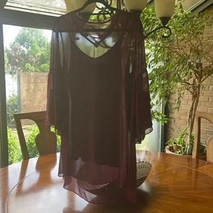Soft Surroundings flouncy burgundy blouse.